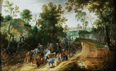 A Cavalry Column Ambushed on a Woodland path by Sebastian Vrancx